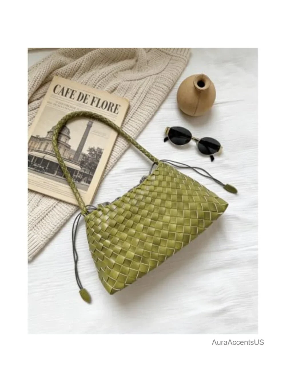 Woven Leather Shoulder Hobo Bag, Large Capacity, Drawstring Closure, Women